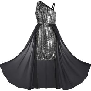 imageGRACE KARIN Girls Sequin Formal Dress Sequin Pageant Wedding Guest Dresses Birthday Fancy One Shoulder Dress Size 614Black Silver