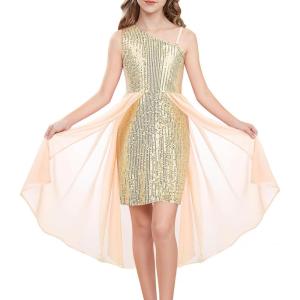 imageGRACE KARIN Girls Sequin Formal Dress Sequin Pageant Wedding Guest Dresses Birthday Fancy One Shoulder Dress Size 614Gold