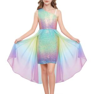 imageGRACE KARIN Girls Sequin Formal Dress Sequin Pageant Wedding Guest Dresses Birthday Fancy One Shoulder Dress Size 614Rainbow Color