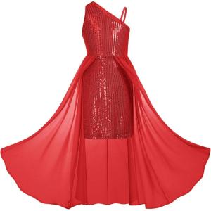 imageGRACE KARIN Girls Sequin Formal Dress Sequin Pageant Wedding Guest Dresses Birthday Fancy One Shoulder Dress Size 614Red