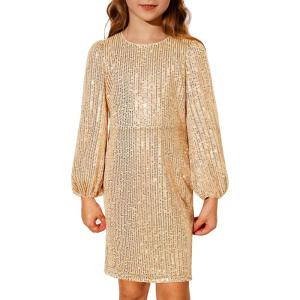 imageGRACE KARIN Girls Sparkly Sequin Formal Dress Long Sleeve Bodycon Fancy Party Dress 514YGold