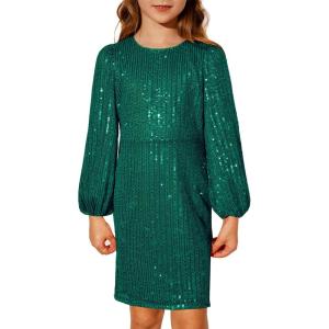 imageGRACE KARIN Girls Sparkly Sequin Formal Dress Long Sleeve Bodycon Fancy Party Dress 514YGreen