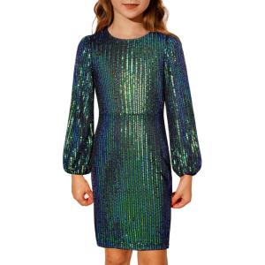imageGRACE KARIN Girls Sparkly Sequin Formal Dress Long Sleeve Bodycon Fancy Party Dress 514YGreen Multicolor