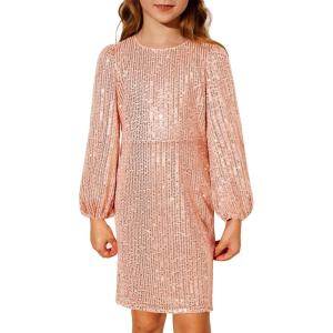 imageGRACE KARIN Girls Sparkly Sequin Formal Dress Long Sleeve Bodycon Fancy Party Dress 514YPink Gold