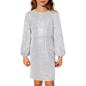 imageGRACE KARIN Girls Sparkly Sequin Formal Dress Long Sleeve Bodycon Fancy Party Dress 514YSilver