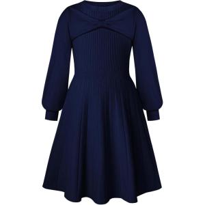 imageGRACE KARIN Girls Sweater Dress Bow Collar Pleated Skirt 614Y Back to School Outfit Knit Fall Winter DressNavy Blue