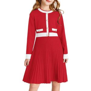 imageGRACE KARIN Girls Sweater Fall Dress Long Sleeve Knit A Line Contrast Casual Winter Dresses 614YChristmas Red