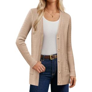 imageGRACE KARIN Long Cardigans for Women 2025 Cable Knit Cardigan Sweaters with Pockets Early Fall Fashion 2025Khaki
