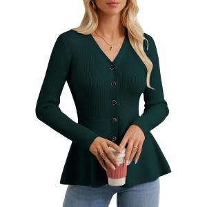 imageGRACE KARIN Long Sleeve Cardigan Sweaters for Women Button Up Knit Blazer Lightweight Business Casual Peplum TopsDark Green