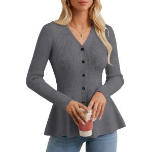 imageGRACE KARIN Long Sleeve Cardigan Sweaters for Women Button Up Knit Blazer Lightweight Business Casual Peplum TopsGrey