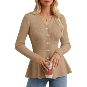 imageGRACE KARIN Long Sleeve Cardigan Sweaters for Women Button Up Knit Blazer Lightweight Business Casual Peplum TopsKhaki