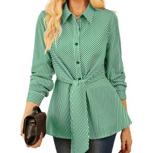 imageGRACE KARIN Peplum Tops for Women Tie Front Striped Button Down Shirt Collared Long Sleeve Business Casual Work Office BlouseGreen