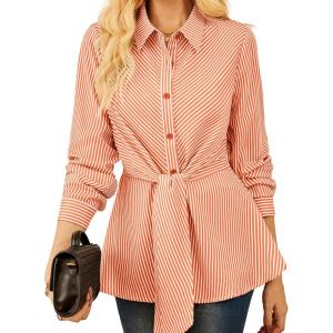 imageGRACE KARIN Peplum Tops for Women Tie Front Striped Button Down Shirt Collared Long Sleeve Business Casual Work Office BlouseOrange