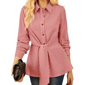 imageGRACE KARIN Peplum Tops for Women Tie Front Striped Button Down Shirt Collared Long Sleeve Business Casual Work Office BlouseRed