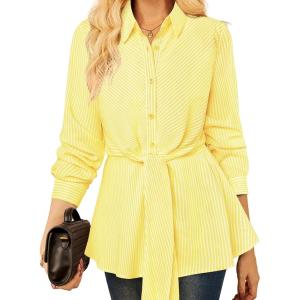 imageGRACE KARIN Peplum Tops for Women Tie Front Striped Button Down Shirt Collared Long Sleeve Business Casual Work Office BlouseYellow