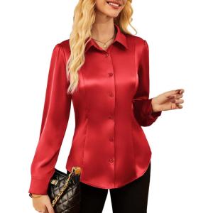 imageGRACE KARIN Satin Blouses for Women Long Sleeve Business Shirt Work Dressy Casual Tops Professional Office OutfitRed