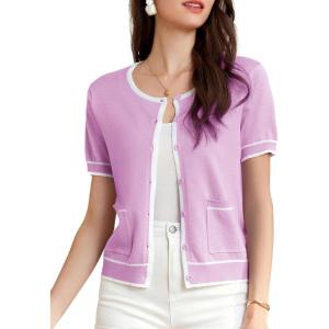 imageGRACE KARIN Short Sleeve Contrast Cardigan Sweaters for Women Summer Casual Striped Button Down Bolero ShrugLilac Purplewhite Edge