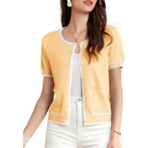 imageGRACE KARIN Short Sleeve Contrast Cardigan Sweaters for Women Summer Casual Striped Button Down Bolero ShrugYellowwhite Edge