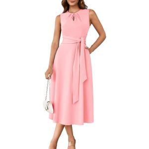 imageGRACE KARIN Women 2025 Summer Work Dress Sleeveless Tie Waist Elegant Party Cocktail A Line Flowy Midi Dresses with PocketsLight Pink