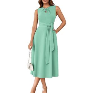 imageGRACE KARIN Women 2025 Summer Work Dress Sleeveless Tie Waist Elegant Party Cocktail A Line Flowy Midi Dresses with PocketsSage Green