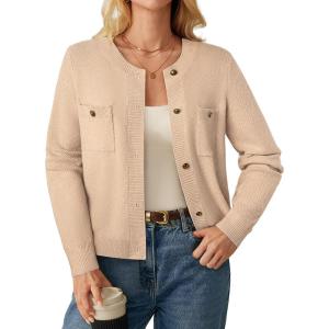 imageGRACE KARIN Women 2025 Tweed Cardigan Sweaters Casual Lightweight Cropped Cardigan Early Fall Fashion Knit Blazer OutfitsApricot