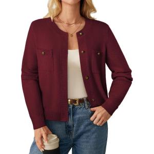 imageGRACE KARIN Women 2025 Tweed Cardigan Sweaters Casual Lightweight Cropped Cardigan Early Fall Fashion Knit Blazer OutfitsBurgundy Red