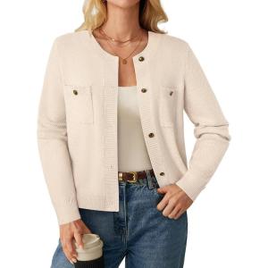 imageGRACE KARIN Women 2025 Tweed Cardigan Sweaters Casual Lightweight Cropped Cardigan Early Fall Fashion Knit Blazer OutfitsWhite