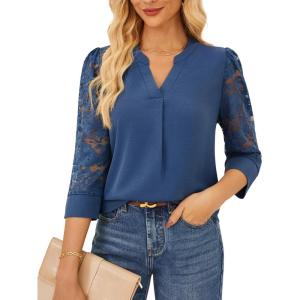 imageGRACE KARIN Women Blouses Dressy Casual 34 Lace Sleeve Tops Business Work Office Shirts 2025 Fall OutfitsHaze Blue