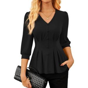 imageGRACE KARIN Women Business Casual Tops 2025 Fall Trendy Dressy Blouses 34 Sleeve Peplum Work Shirts V Neck Office OutfitsBlack