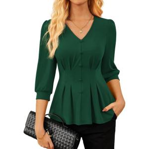 imageGRACE KARIN Women Business Casual Tops 2025 Fall Trendy Dressy Blouses 34 Sleeve Peplum Work Shirts V Neck Office OutfitsGreen