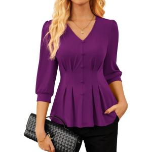 imageGRACE KARIN Women Business Casual Tops 2025 Fall Trendy Dressy Blouses 34 Sleeve Peplum Work Shirts V Neck Office OutfitsPurple