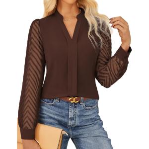imageGRACE KARIN Women Business Casual Tops Sheer Lace Long Sleeve Blouses Work Office Pleated V Neck Shirt Fall Formal OutfitsCoffee