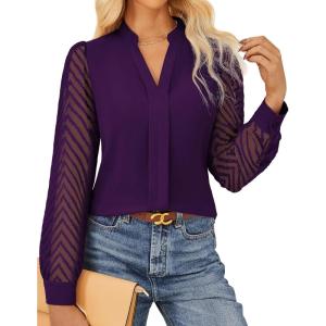imageGRACE KARIN Women Business Casual Tops Sheer Lace Long Sleeve Blouses Work Office Pleated V Neck Shirt Fall Formal OutfitsPurple