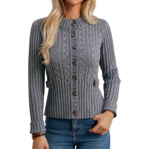 imageGRACE KARIN Women Cable Knit Button Up Sweater Crewneck Cropped Cardigan Early Fall Fashion Outfits 2025Dark Grey