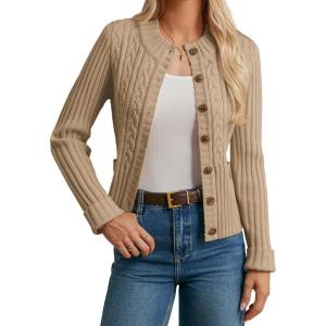 imageGRACE KARIN Women Cable Knit Button Up Sweater Crewneck Cropped Cardigan Early Fall Fashion Outfits 2025Khaki Beige