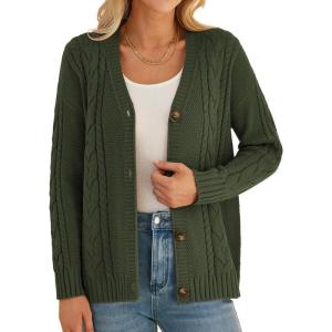 imageGRACE KARIN Women Cable Knit Cardigan Sweater Chunky Button Up Sweaters Long Sleeve Open Front CardiganArmy Green