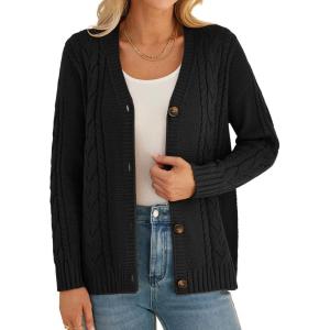 imageGRACE KARIN Women Cable Knit Cardigan Sweater Chunky Button Up Sweaters Long Sleeve Open Front CardiganBlack