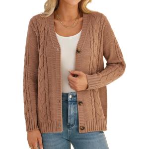 imageGRACE KARIN Women Cable Knit Cardigan Sweater Chunky Button Up Sweaters Long Sleeve Open Front CardiganBrown
