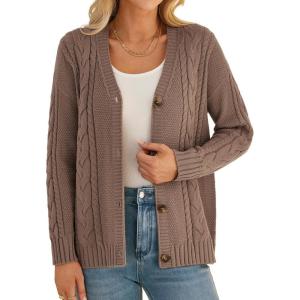 imageGRACE KARIN Women Cable Knit Cardigan Sweater Chunky Button Up Sweaters Long Sleeve Open Front CardiganCoffee