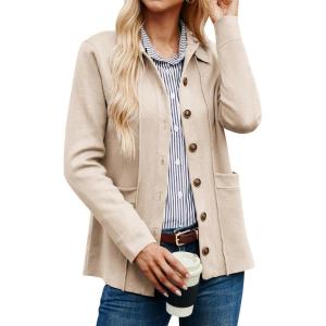 imageGRACE KARIN Women Casual Cardigan Knit Button Down Jacket Long Sleeve Sweater Blazer with PocketsApricot