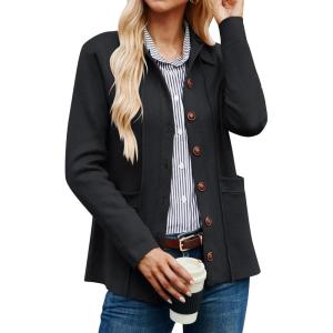imageGRACE KARIN Women Casual Cardigan Knit Button Down Jacket Long Sleeve Sweater Blazer with PocketsBlack
