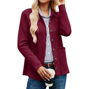 imageGRACE KARIN Women Casual Cardigan Knit Button Down Jacket Long Sleeve Sweater Blazer with PocketsBurgundy