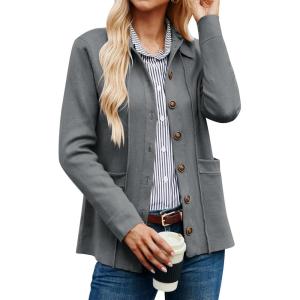 imageGRACE KARIN Women Casual Cardigan Knit Button Down Jacket Long Sleeve Sweater Blazer with PocketsDark Gray