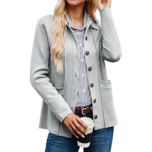 imageGRACE KARIN Women Casual Cardigan Knit Button Down Jacket Long Sleeve Sweater Blazer with PocketsGrey