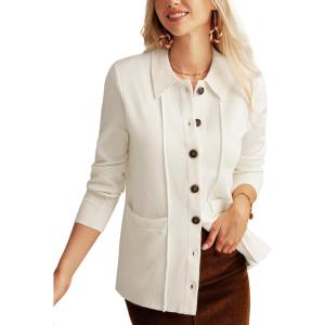 imageGRACE KARIN Women Casual Cardigan Knit Button Down Jacket Long Sleeve Sweater Blazer with PocketsIvorywhit