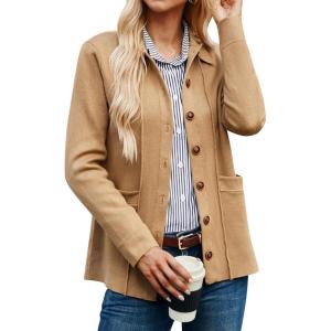 imageGRACE KARIN Women Casual Cardigan Knit Button Down Jacket Long Sleeve Sweater Blazer with PocketsKhaki