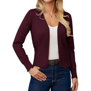 imageGRACE KARIN Women Cropped Cardigan Sweaters Lightweight Long Sleeve Shrug Button Up V Neck Knit Sweater Tops FallDark Red