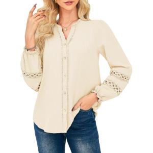 imageGRACE KARIN Women Dressy Casual TopsLong Sleeve Button Down Ruffle BlouseWork V Neck Shirt Summer Fall Business OutfitBeige