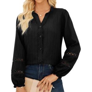 imageGRACE KARIN Women Dressy Casual TopsLong Sleeve Button Down Ruffle BlouseWork V Neck Shirt Summer Fall Business OutfitBlack