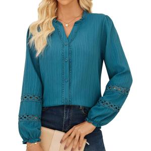 imageGRACE KARIN Women Dressy Casual TopsLong Sleeve Button Down Ruffle BlouseWork V Neck Shirt Summer Fall Business OutfitBluegreen